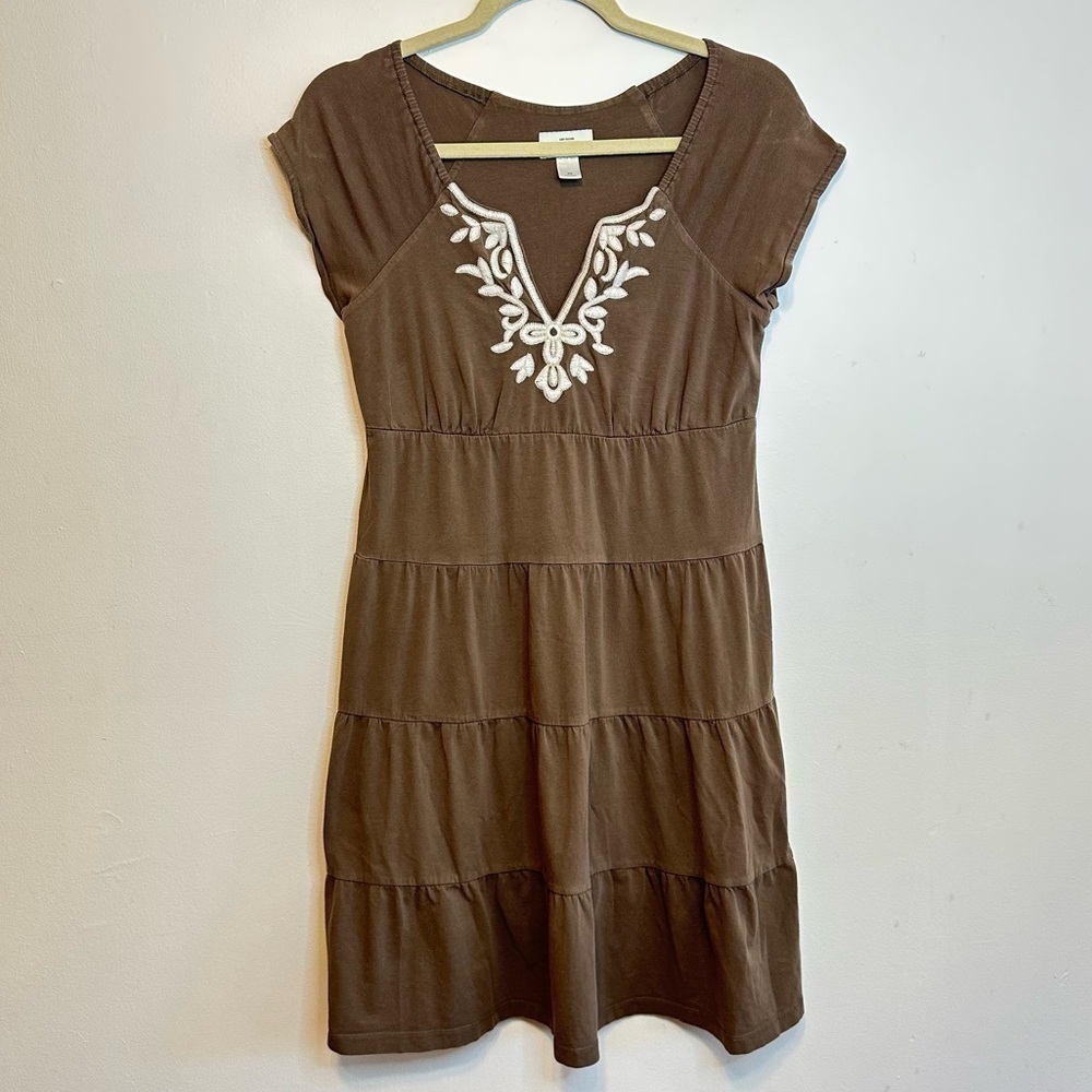 Ann Taylor Loft Light Brown XS Tiered Cap Sleeve Dress Boho Bohemian